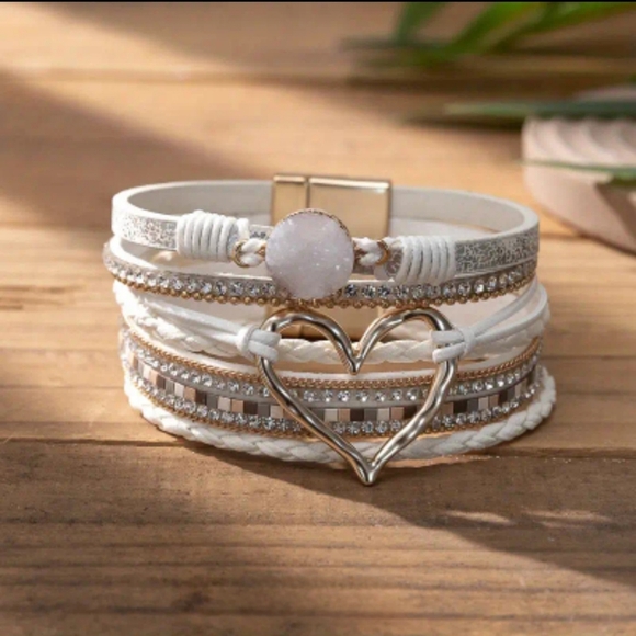 Boho Tribal Multi-layer PU Leather Rhinestone Heart Bracelet w/ Magnetic Buckle - Picture 8 of 8